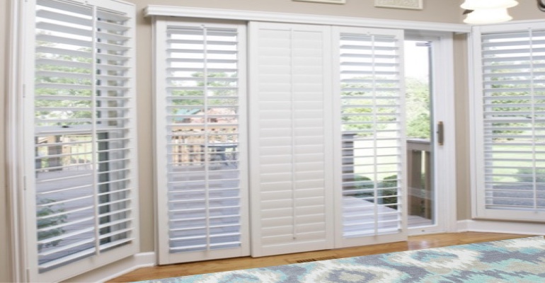 [Polywood|Plantation|Interior ]211] shutters on a sliding glass door in Dallas